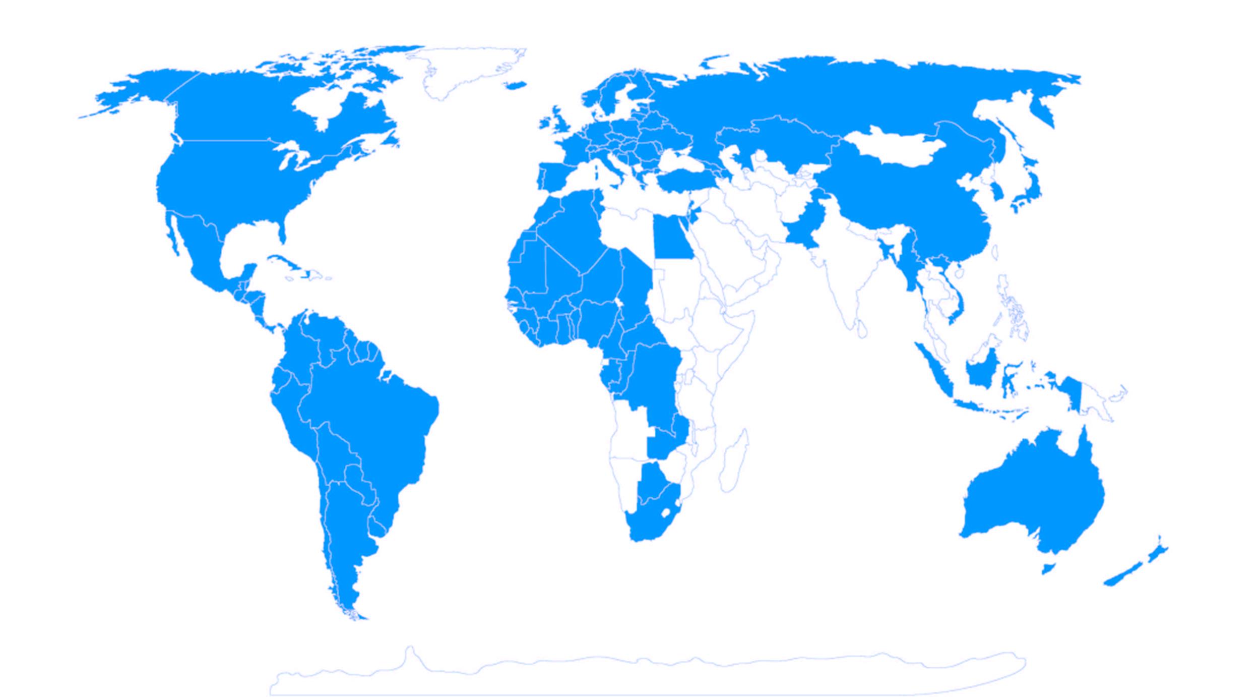 Na niebiesko zaznaczone są terytoria, na których obowiązują umowy ZAiKS-u